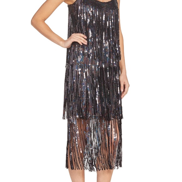 NEW DRESS THE POPULATION Onyx ROXY Sequin FRINGE 1920's Flapper SHIFT DRESS XXS - Picture 7 of 16